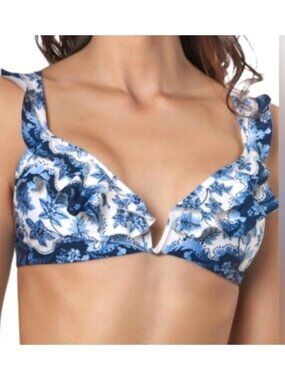Agua Bendita Women's Sz XL Floral Ruffle Bikini Top Cross Back Tie Closure